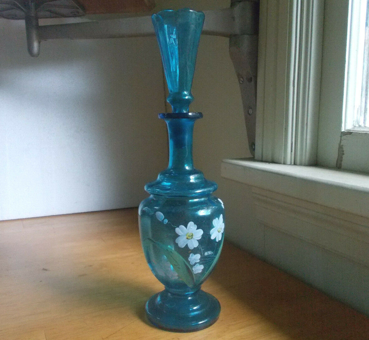 1880s PRETTY SAPPHIRE BLUE PONTILED TOILET WATER BOTTLE WITH ORIGINAL STOPPER