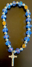 Vintage Catholic Blue Crystal Stretch Chaplet, Amber Enameled Bead, Crucifix picture