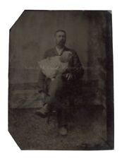 19thc Man w/ Pet Chicken Painted Backdrop Itinerant Studio Tintype Photo picture