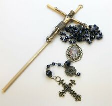 ROSARY AND NECKLACE: BRONZE DARK BLUE RONDELLE GLASS  picture
