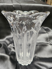 Vintage Mikasa Lead Crystal Garden Vase W/Frosted White Flowers & Scalloped Rim picture