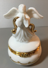 Vintage Lefton Jewelry Trinket Box White Praying Angel With Gold Porcelain picture