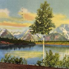 Postcard MT Teton Mountains and Jackson Lake Curteich-Chicago Linen 1937 picture