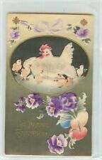 c1907 Embossed Easter Postcard Egg Vignette Hen & Chicks Velveteen Applique picture