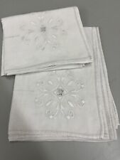 PAIR Vintage White Linen Embroidered Drawn Thread Table Runners/Dresser Scarves picture