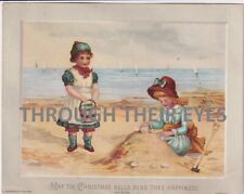Original Victorian Christmas card girls playing on beach  1880's picture