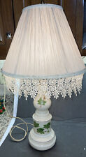 Vtg Table Lamp Hand Painted Glass Ivy W/Gold Accent Ivory Silky Lace Shade 25” picture