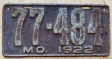 1922 MISSOURI PASSENGER AUTO LICENSE PLATE 