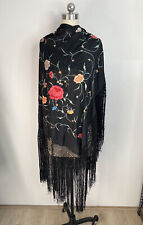 RARE VINTAGE 1910 | 1920'S BLACK SILK PIANO SHAWL GOLD FLORAL EMBROIDERY LARGE picture