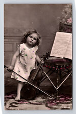 RPPC Hand Colored Portrait Young Girl Violin Sheet Music Real Photo Postcard picture