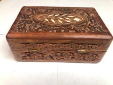 Vintage Hand Carved Wood Trinket Box with Floral Pattern Made in India  picture