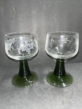 Vtg German Roemer Wine Glass Etched Green Beehive Stem 4.25”Set Of 2 picture