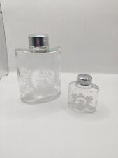 Two Vtg Portugal Frosted Etched Glass Vanity Scent Bottle With Metal Caps picture