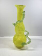 Yellow hand blown  vase with green vine - used in great condition picture