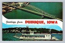 Dubuque IA-Iowa Banner Greetings Riverboat Dubuque Bridge Vintage Postcard picture