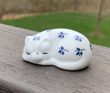 Vintage Enesco Cat Kitten Figurine Sleeping Porcelain Small White Blue Flowers picture