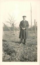 Vintage 1920s Solemn Older Man Hands Folded Overcoat Outside B&W Photo picture