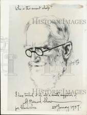 1937 Press Photo Sketch of George Bernard Shaw by LeRoy Luce with note from Shaw picture