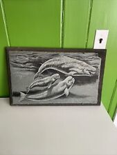 Vtg Art Beluga whales Etched carved On Slate W/ Artist Signed Wood Frame 22”X14” picture