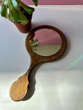Rare Antique Hand Carved Brown Wood Hand Held Mirror picture