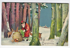c.1900 Christmas Santa Gifts Deer Wildlife Woods in Snow Embossed Germany picture