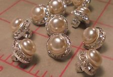 3 Small Vintage Czech Rhinestone Buttons Silver Metal Pearl 1/2
