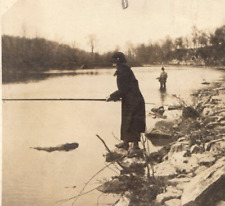 Olentangy River Couple Fishing Found Photo Woman Antique Delaware Ohio picture