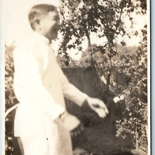 c1910s Laughing Man Outdoors w/ Dog RPPC +White Coat Doctor Cook Yard Trees A213 picture