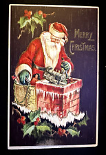 Santa Claus in Chimney with Train~USA Flag Patriotic Christmas Postcard~k130 picture