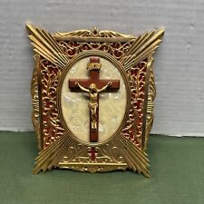 VINTAGE filigree CRUCIFIX ornate FRAMED mid century 7”x8” Gold Gilded picture