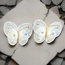 Vintage MCM Mesh Butterfly Screw Back Earrings Gold Tone Thread Silver Backs EUC picture
