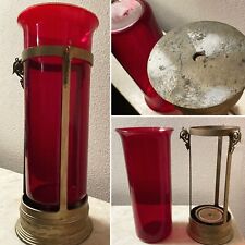 Antique Christian Roman Catholic Red Glass Tall Votive & Metal Holder EXORCISM picture
