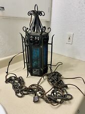 Vintage Spanish Iron Pendant Light With Blue Glass Panels Made in Mexico 19” picture