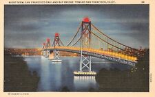D2247 Night View, San Francisco-Oakland Bay Bridge, CA 1937 Teich Linen Postcard picture