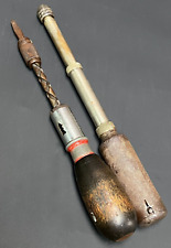 Lot of 2 Various Vintage Steel Drill Drivers Hand Tools Screwdrivers Wood Handle picture