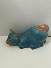 Vintage Wooden Carved Blue Cat Figurine Hand Made in Thailand picture