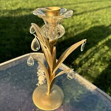Vintage Leaf and Prisms Candle Stick Holder MCM Gold Metal Glass Unique picture