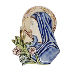 Vintage Ceramic Mother Mary 3D Wall Hanging Plaque Religious Lily Flowers Blue picture