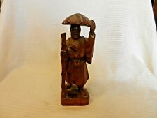 Vintage Carved Wooden Chinese Old Man with Hat, Cane & Knapsack 8.25