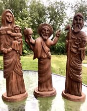 Antique Hand Carved Wood Folk Art Mary Joseph & Jesus Statues Christian Blessed picture