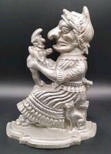 VINTAGE CAST IRON JUDY DOORSTOP HOLDING A COURT JESTER IN A SILVER FINISH picture