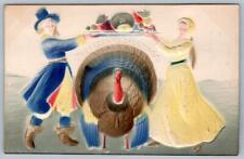 1910's THANKSGIVING GREETINGS AIRBRUSHED EMBOSSED PILGRIMS DANCE TURKEY PLATTER picture
