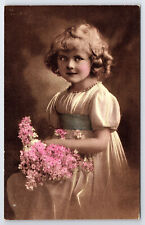 Vintage C1920 Tinted Postcard Adorable Girl with Flowers picture