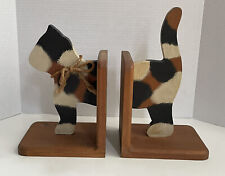 Vintage Wooden Cat Bookends Calico Handcrafted Folk Art Hand Painted 1989 picture