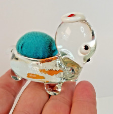 Vintage Adorable Art Blown Glass Sewing Pincushion Blue Pin Cushion Turtle picture