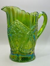 Carnival Indiana Glass Tiara Pitcher Stunning Green Iridescent Flower Medallion picture