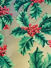 VTG CHRISTMAS TIE TIE WRAPPING PAPER GIFT WRAP 1960 GORGEOUS HOLLY ON GOLD NOS picture