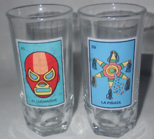 VINTAGE CRISA LOTERIA EL LUCHADOR & LA PINATA MEXICAN GLASS set of 2 Signed 5