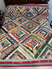 VTG Quilt ‘Crazy Patchwork W/Ties Handmade BOHO Queen 82x72” 2 Sided Grandmacore picture