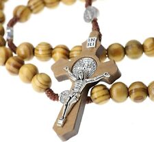 Wood Beads Rosary Necklace Saint Benedict Medal & Catholic Cross Religious Pray picture